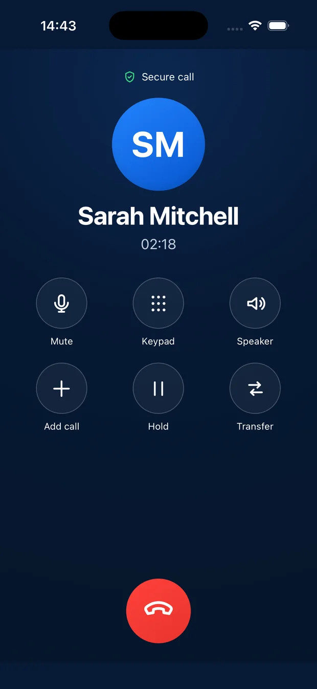 NetGenius Voice active call screen with mute, hold and transfer controls