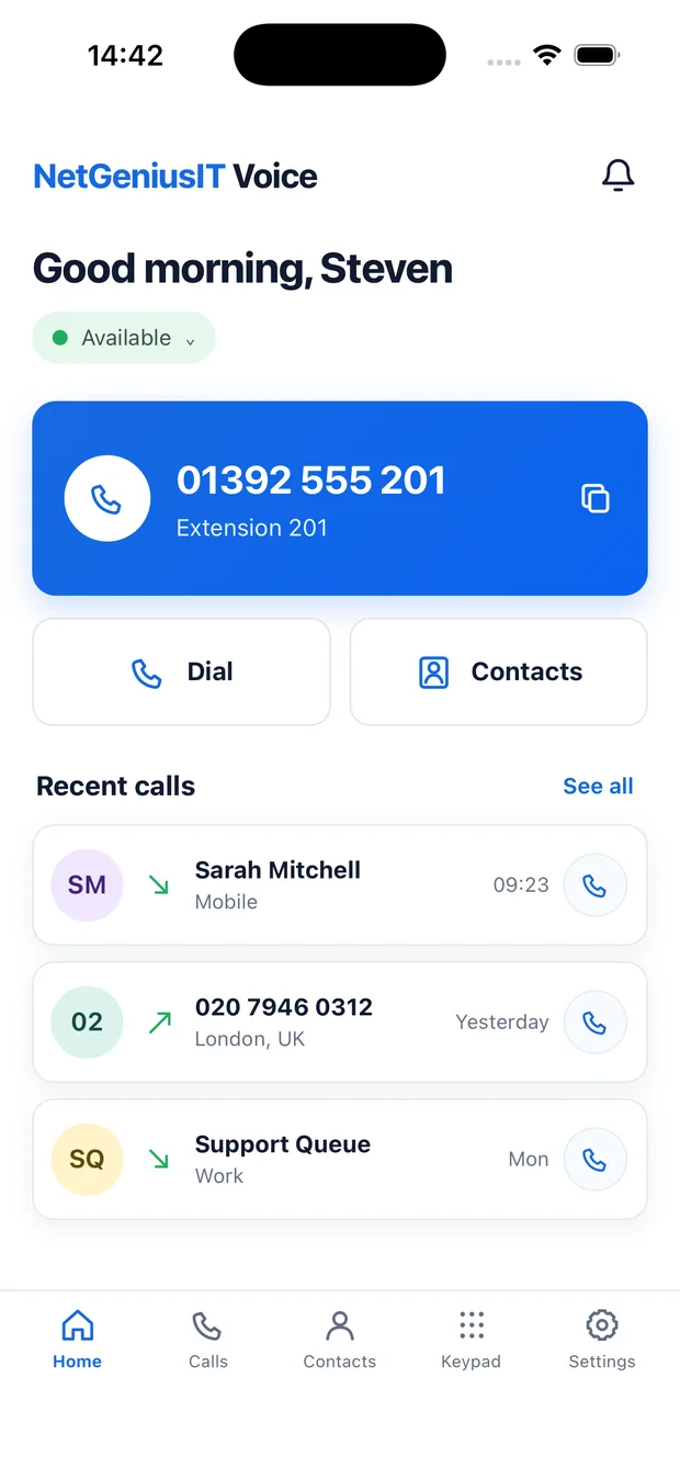 NetGenius Voice app showing the user's work number, availability and recent calls